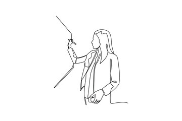 Businesswoman drawing business strategy on whiteboard in continuous line style