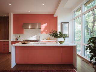 Modern kitchen with coral cabinets and large windows.