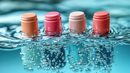 Vibrant cosmetic gloss collection in refreshing underwater setting showcasing color variety beauty products
