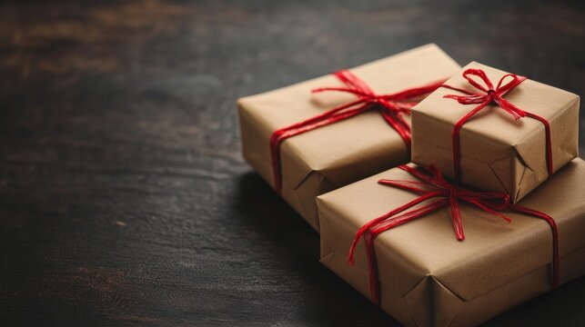 Stacked kraft paper gift boxes with red string ribbon on dark wood background holiday concept