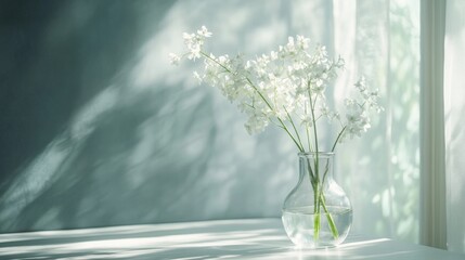 White vase with flowers on windowsill with bright natural soft light and peaceful mood