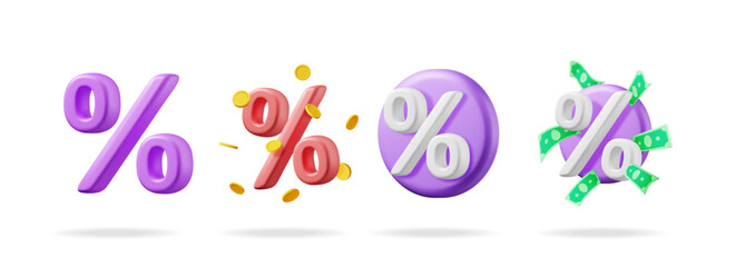 Set of 3d vector percentage signs. Discount offer symbol or interest rate icon collection. Promotion, sale, special offer design element with money.