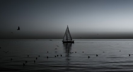 Serene Sailboat on the Horizon A monochrome seascape capturing the tranquility of sailing, the vast ocean, and a peaceful atmosphere