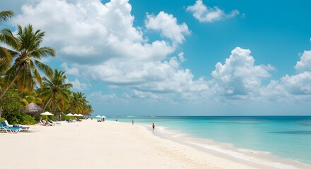 Fototapeta premium Stunning tropical beach scene with clear turquoise water, palm trees, and a bright blue sky with fluffy white clouds, a perfect holiday destination