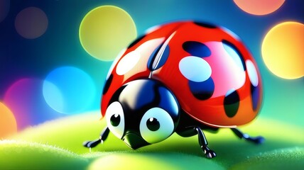 Fototapeta premium Colorful Cartoon Ladybug With Polka Dots Bokeh Light Effects Whimsical Insect Illustration
