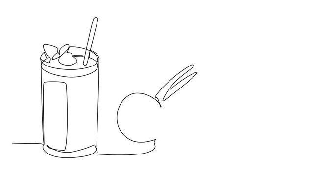 Animation of single continuous line drawing glass of beetroot juice with straw and leaf on top of the glass. A refreshing drink can prevent dementia. National Juice Slush Day. Full length motion