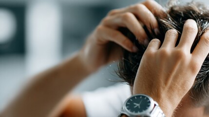 Close-Up of Person Running Hands Through Hair in Modern Indoor Environment with Stylish Watch on Wrist in Soft Focus Background