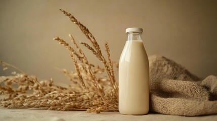 Glass milk bottle with wheat and dry grass on wood background under natural daylight setup