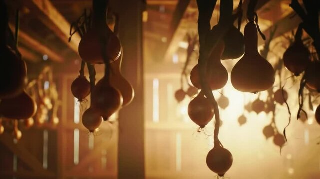 Rustic Charm Interior Onions Hanging in A Farmhouse with Warm Lighting
