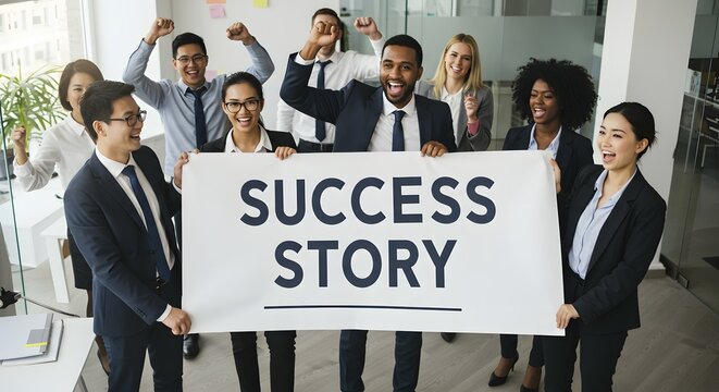 Diverse Team Celebrates a 'Success Story' Unity, Achievement, and Triumphant Celebration in the Workplace, Boosting Team Spirit