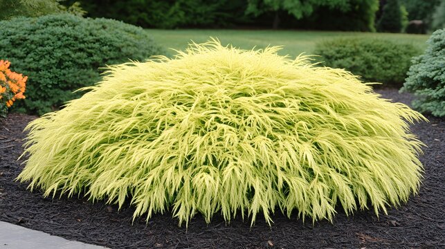 Golden Hakone Grass, Lush Yellow Ornamental Plant in Garden