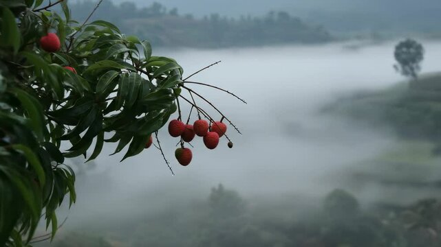 Lush red lychee fruits hang from a tree branch, overlooking a misty valley landscape in the early morning light - lychee on tree
