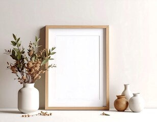 Empty frame, vases, and greenery