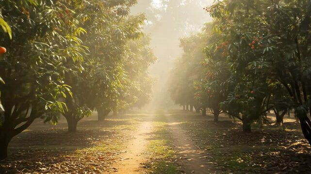 Serene orchard path lined with lush lychee trees, sunlight filtering through mist, creating a tranquil atmosphere for visitors - lychee on tree