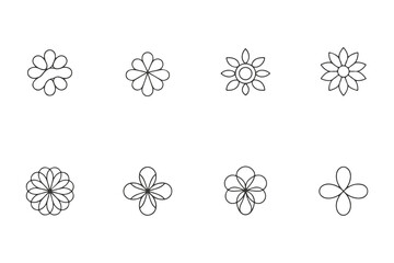 Several minimalistic floral icons present varied petal shapes in crisp, simple black outlines on white