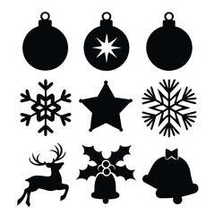 Black and white christmas icons including ornaments snowflakes reindeer star and bell silhouettes
