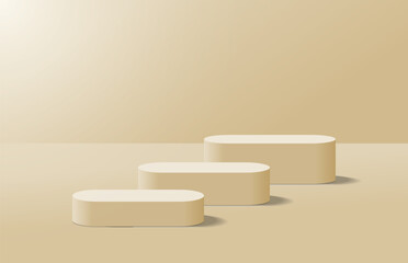 Abstract realistic cream 3d round podium for product display stand in light room shining from top left corner. Minimal scene for product display mockup. Vector geometric platform. 3d vector rendering.
