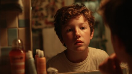 Cinematic portrait of a young boy gazing into a bathroom mirror under soft warm light, conveying introspection, childhood curiosity, and emotional stillness in daily moments