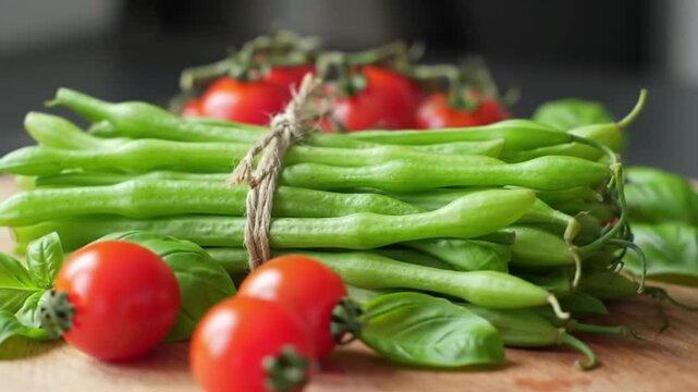 Fresh Garden Bounty Featuring Green Beans Tomatoes And Basil