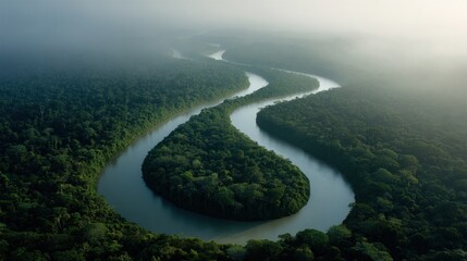 Winding emerald river flows through tropical rainforest in the Amazon surrounded by morning mist and golden light
