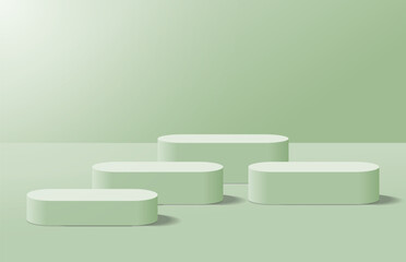 Abstract realistic green 3d round podium for product display stand in light room shining from top left corner. Minimal scene for product display mockup. Vector geometric platform. 3d vector rendering.