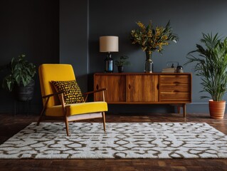 Stylish mid-century modern living room with a yellow armchair and patterned rug.