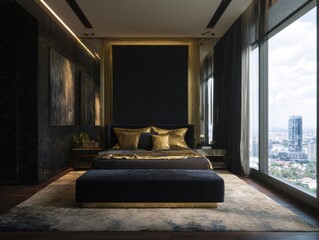 Luxurious bedroom with dark tones and gold accents.