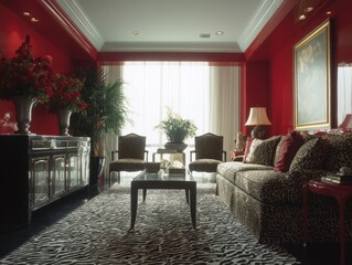 Red living room with animal print furniture and rug.