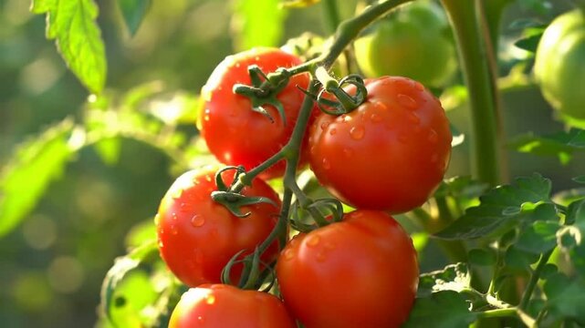 Fresh Tomatoes Growing On The Vine In A Bright Garden