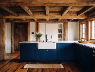 Rustic farmhouse kitchen with dark blue cabinetry and exposed beams.