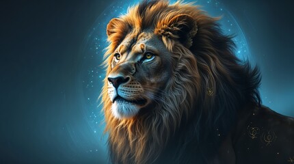 Fototapeta premium Majestic Lion Portrait Piercing Blue Eyes Against a Moody Forest Backdrop, Wildlife Photography