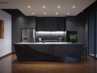 Modern kitchen island with dark cabinetry and geometric design.