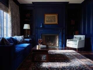 Deep blue living room with ornate fireplace and patterned rug.
