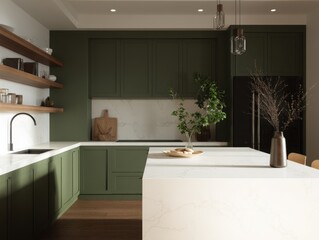 A contemporary kitchen with dark green cabinetry and a white quartz countertop.