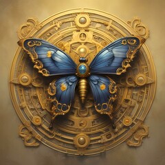 Illustration of butterfly with golden clock cog.