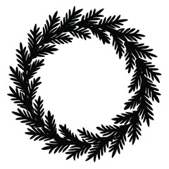 Elegant black and white silhouette illustration of a circular wreath featuring leafy branches