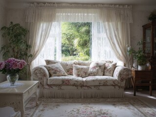 A cozy living room with floral patterned furniture and sheer curtains.