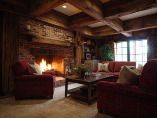 Cozy living room with a fireplace and rustic wooden beams.