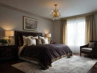 Luxurious bedroom interior with a luxurious bed and rich colors.
