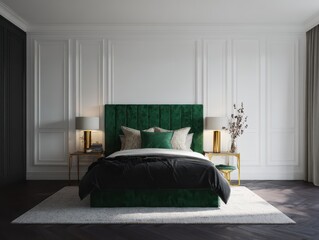 Elegant bedroom with emerald green headboard and dark accents.