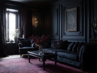 Darkly appointed living room with rich velvet furnishings.