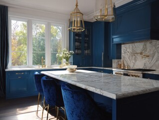 A stylish kitchen island with deep blue cabinetry and light gray countertops.