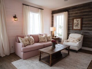 A cozy living room with a pink sofa and a rustic wood accent wall.