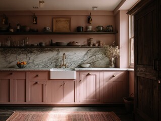 A blush pink kitchen with open shelving and a marble countertop.