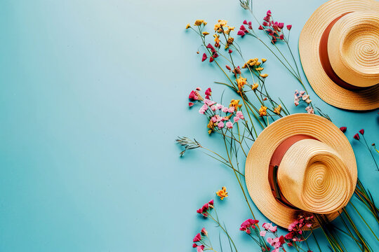 Two hats and flowers  on the blue background. Summer holiday