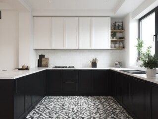Modern kitchen with black and white cabinetry.