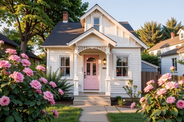 Fototapeta premium Accessory dwelling unit. Charming house with pink door surrounded by blooming roses.