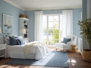 Light blue bedroom with white furnishings and a view of the outdoors.