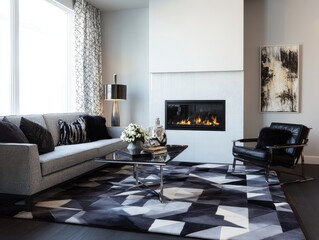Modern living room with fireplace and geometric rug.