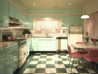 A pastel-colored kitchen with vintage appliances and checkered floor.